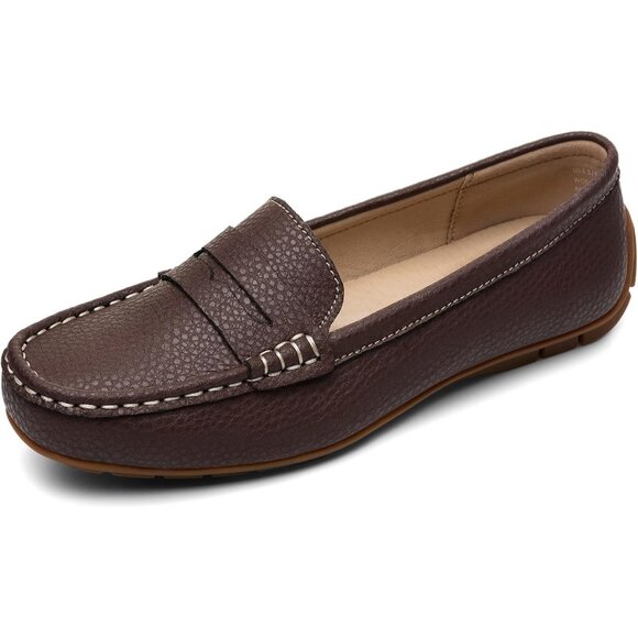Kordal Women's Coffee Leather Comfortable & Lightweight Penny Loafers Flats - Picture 2 of 9
